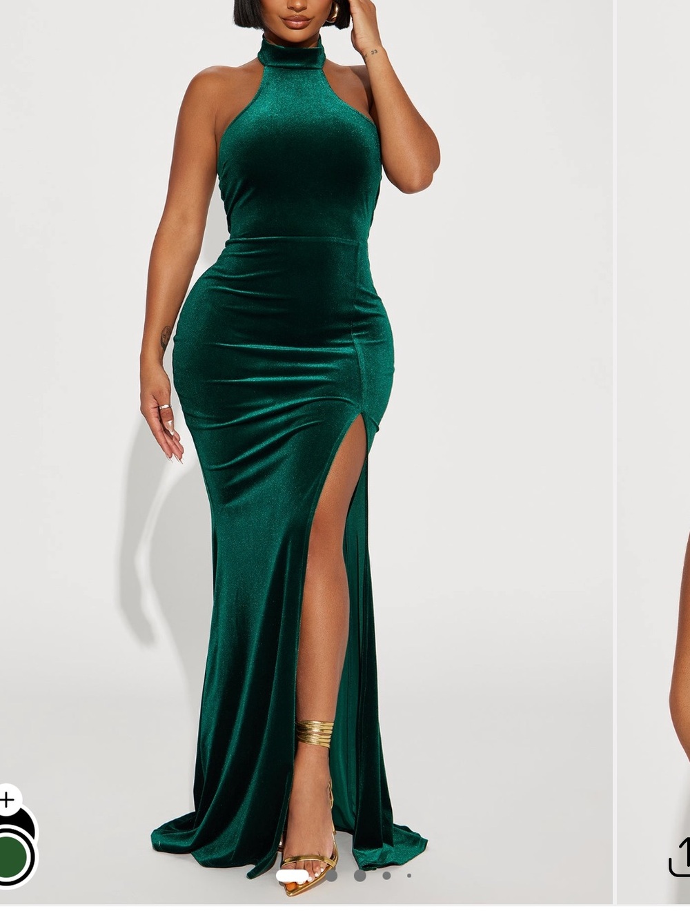 Fashion Nova Emerald Green Velvet Halter Maxi Dress with Thigh Slit